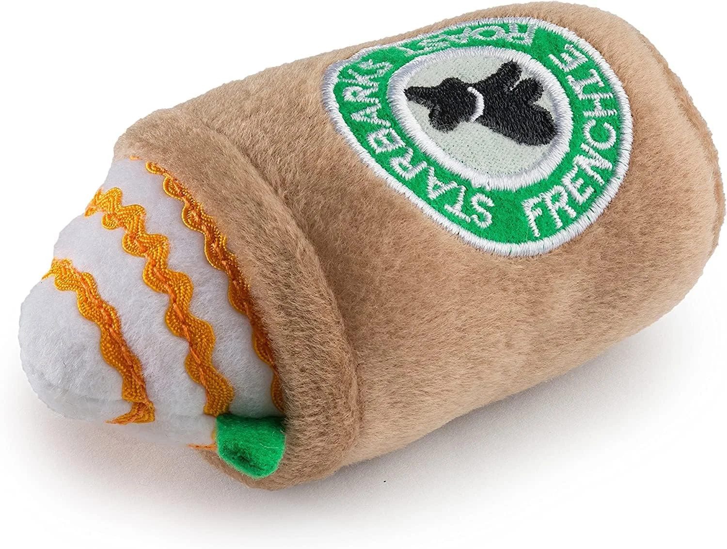 اسباب بازی سگ فنجانی قهوه استارباکس فرنچی رست PETSARY - طراحی منحصر به فرد تقلیدی با صدای جیر جیر - اسباب بازی پولیشی نرم و مقاوم در برابر گاز گرفتن برای دندان درآوردن - فنجان توله سگ کوچک متوسط برای همه نژادها - قهوه ای