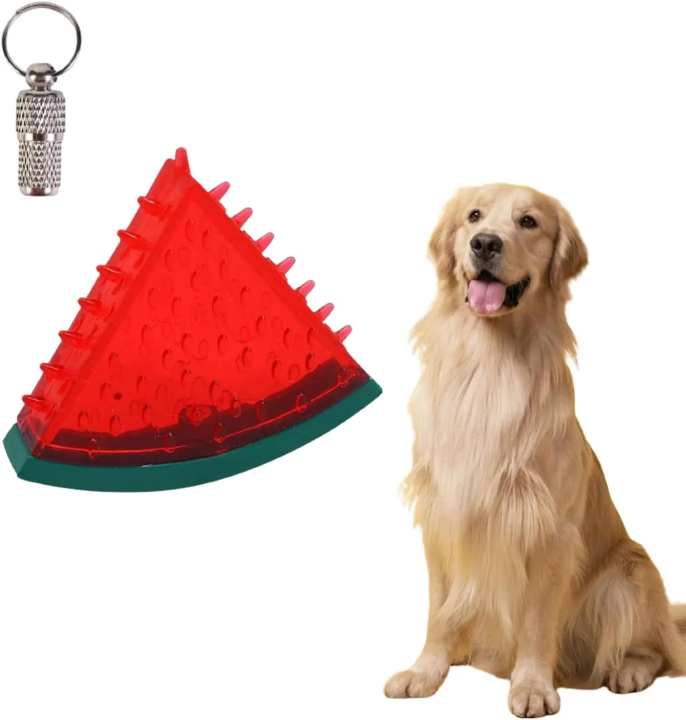 اسباب بازی به شکل هندوانه پتساری به همراه یک عدد پلاک شناسایی حیوان خانگی - دندان گیر لاستیکی خنک کننده و قابل انجماد میوه یخی - طبیعی، تمیز کننده دندان، ارتقا سلامت دهان و دندان - ساییدن و صدا دار - مناسب سگ های کوچک و متوسط