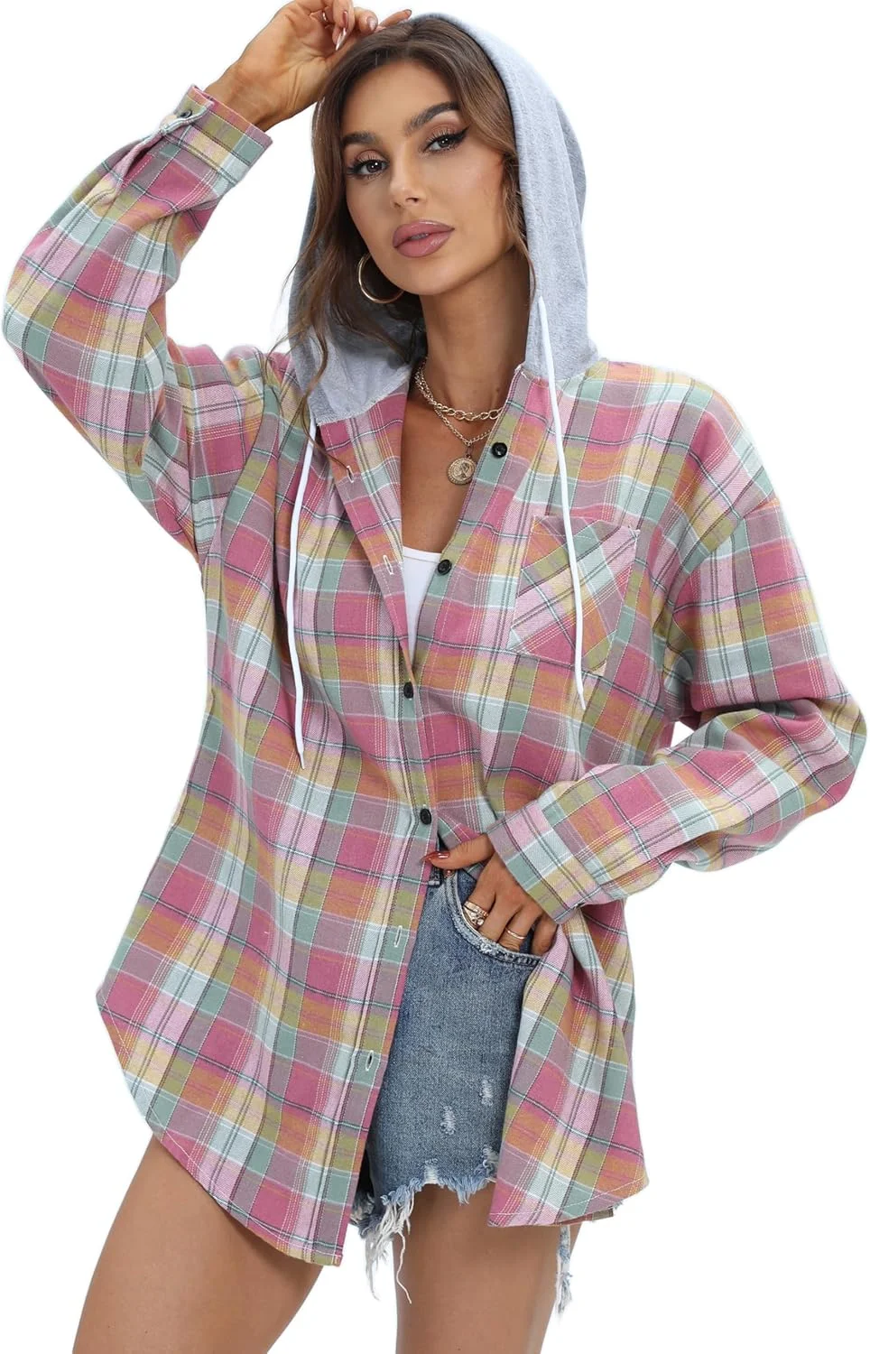 Jhsnjnr هودی پیراهن فلانل زنانه دکمه دار، طرح چهارخانه، یقه هفت، آستین بلند، بلوز چهارخانه مد روز