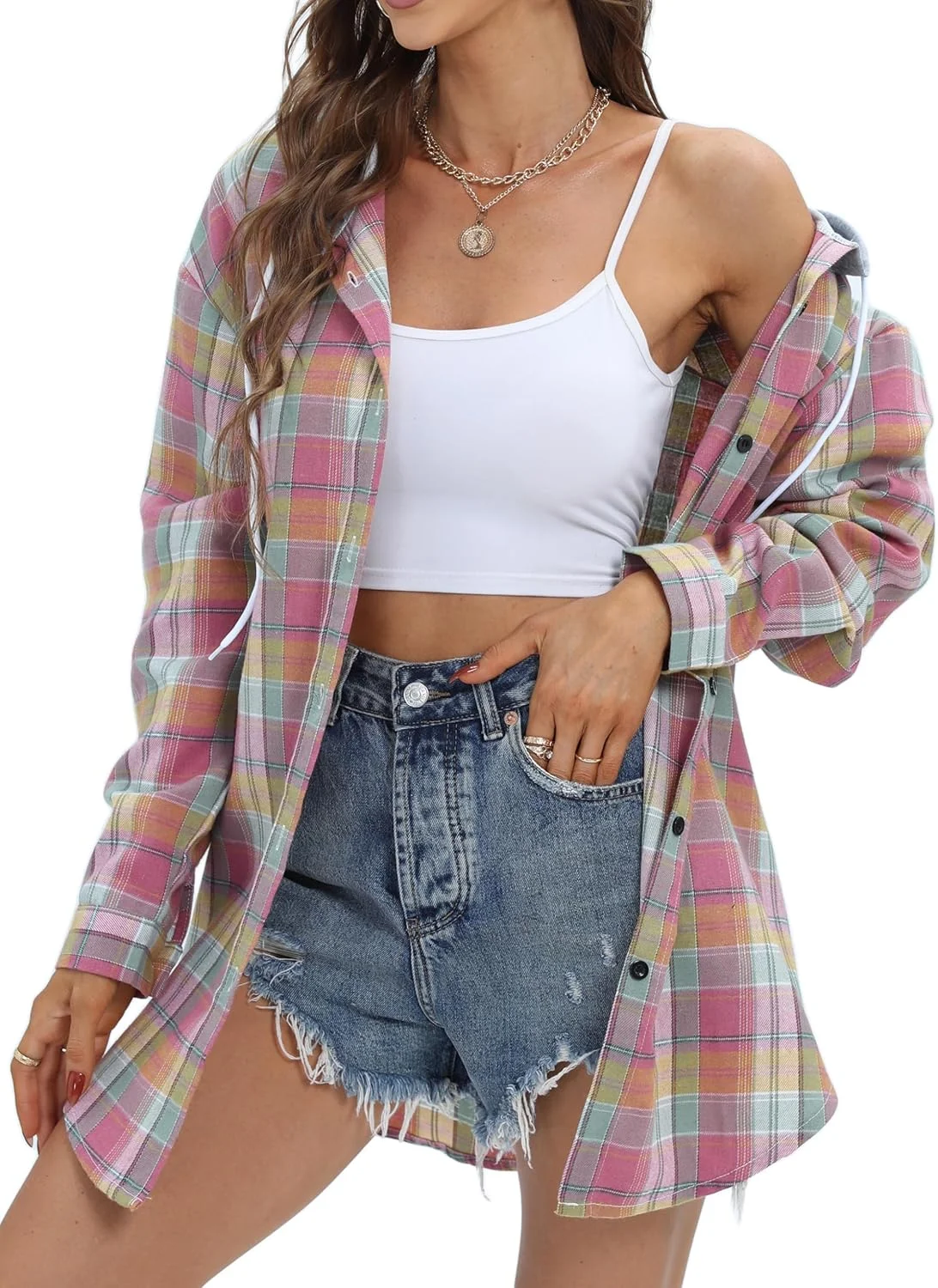Jhsnjnr هودی پیراهن فلانل زنانه دکمه دار، طرح چهارخانه، یقه هفت، آستین بلند، بلوز چهارخانه مد روز