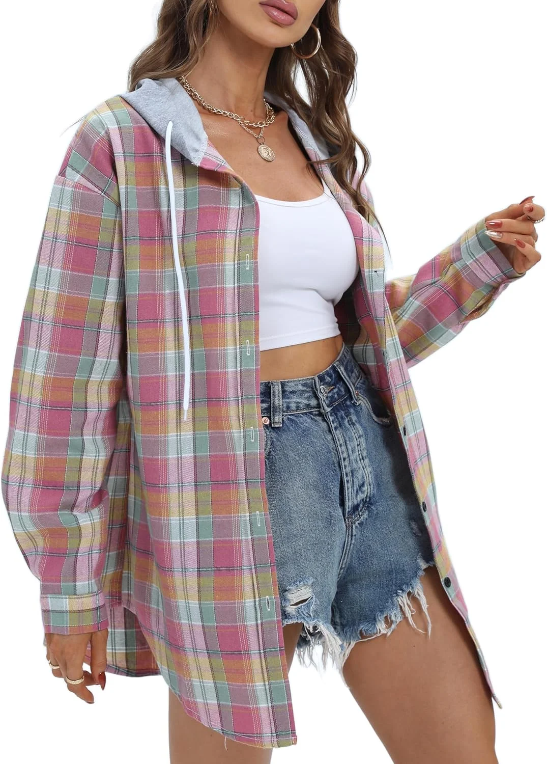 Jhsnjnr هودی پیراهن فلانل زنانه دکمه دار، طرح چهارخانه، یقه هفت، آستین بلند، بلوز چهارخانه مد روز