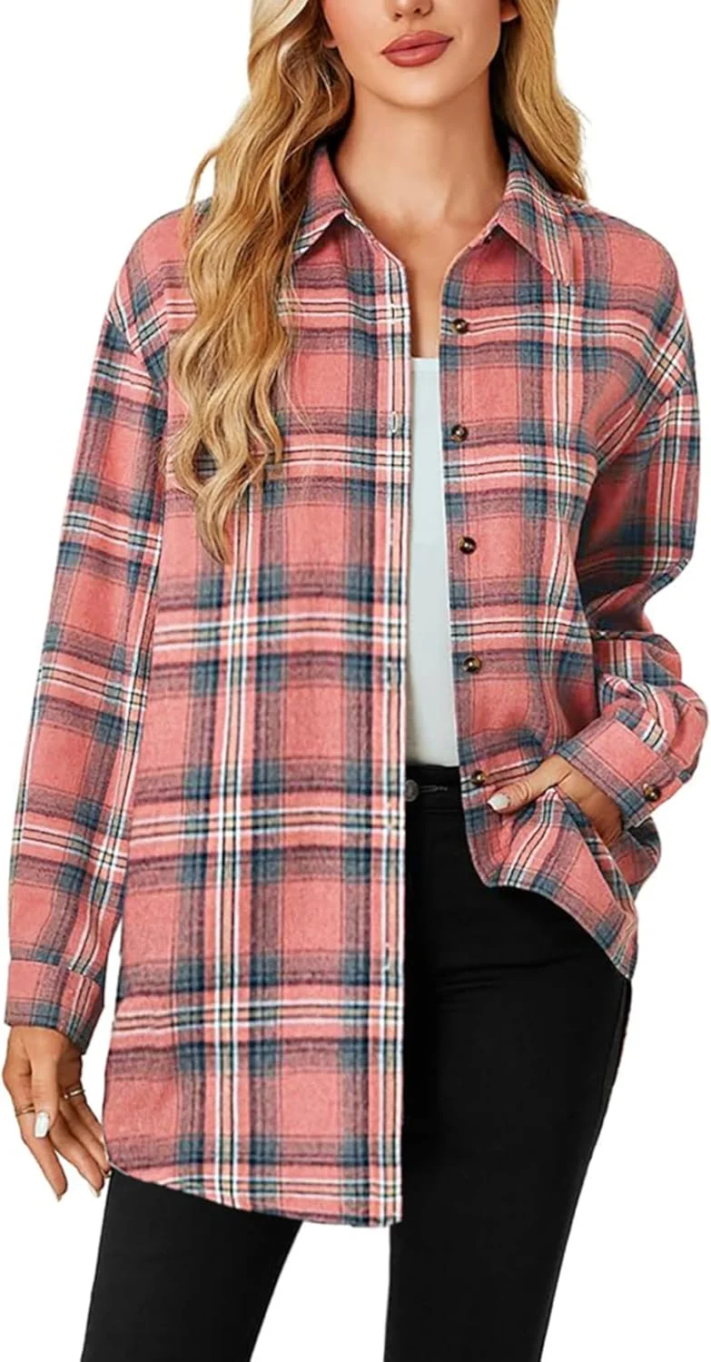 Jhsnjnr بلوز زنانه چهارخانه پشمی، یقه هفت دکمه دار، پیراهن بلند، پیراهن چهارخانه بزرگ، پیراهن آستین بلند