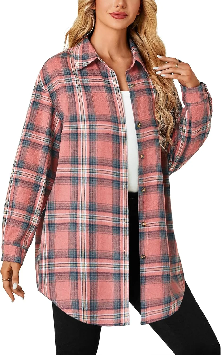 Jhsnjnr بلوز زنانه چهارخانه پشمی، یقه هفت دکمه دار، پیراهن بلند، پیراهن چهارخانه بزرگ، پیراهن آستین بلند
