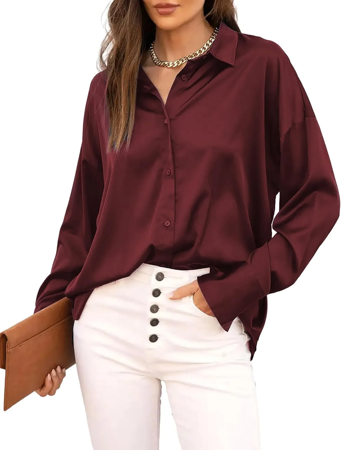 Jhsnjnr بلوز دکمه دار زنانه آستین بلند، تاپ های اداری غیر رسمی و گشاد از جنس ساتن ابریشمی
