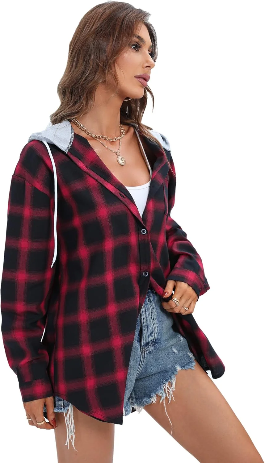 هودی پیراهن فلانل چهارخانه زنانه آستین بلند، ژاکت پیراهن بزرگ، بلوز دکمه دار