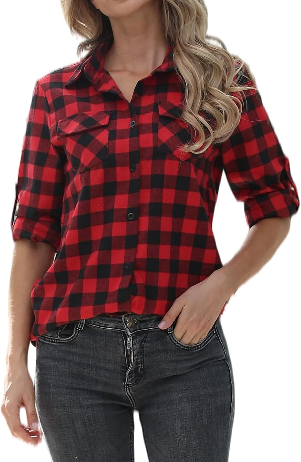 Jhsnjnr بلوز زنانه آستین بلند چهارخانه، پیراهن فلانل دکمه دار