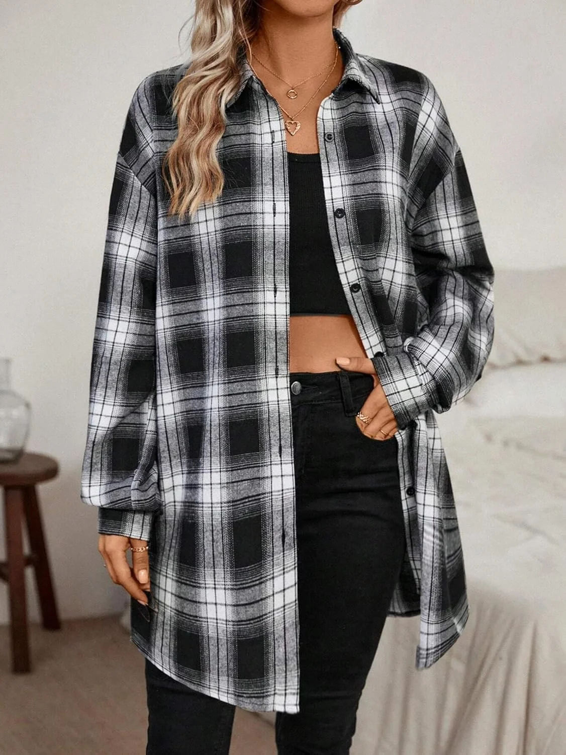 Jhsnjnr بلوز چهارخانه آستین بلند زنانه، دکمه دار، مدل بزرگ، پیراهن های فلانل چهارخانه بلند