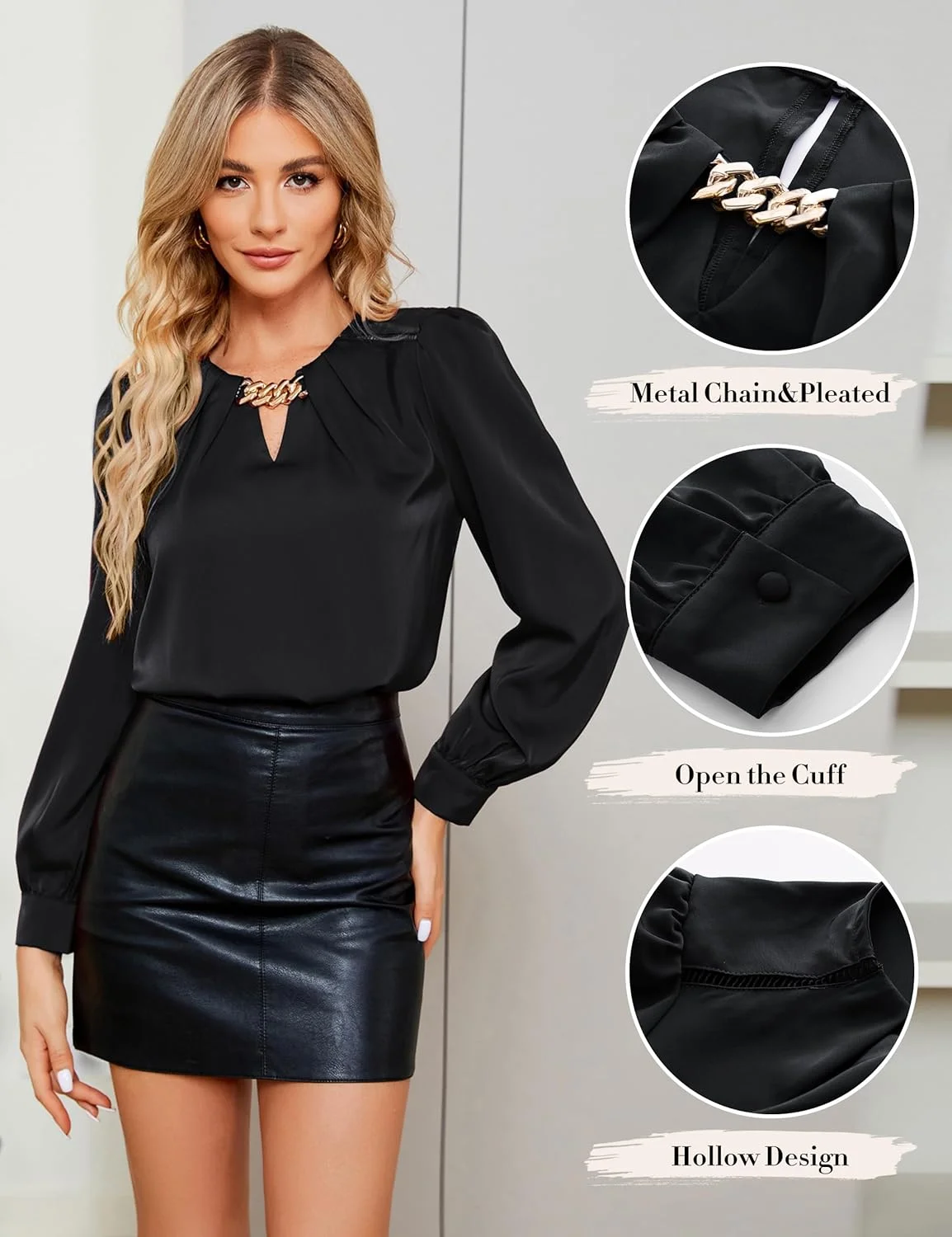 بلوز ساتن ابریشمی زنانه JASAMBAC، پیراهن آستین بلند مجلسی و غیررسمی، تاپ های اداری شیک با یقه سوراخ کلید