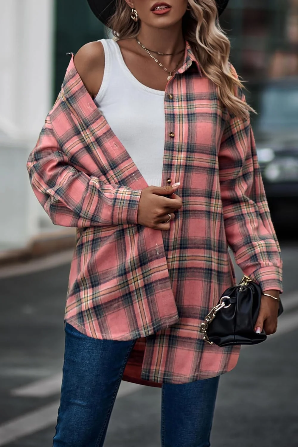 Jhsnjnr بلوز زنانه چهارخانه پشمی، یقه هفت دکمه دار، پیراهن بلند، پیراهن چهارخانه بزرگ، پیراهن آستین بلند