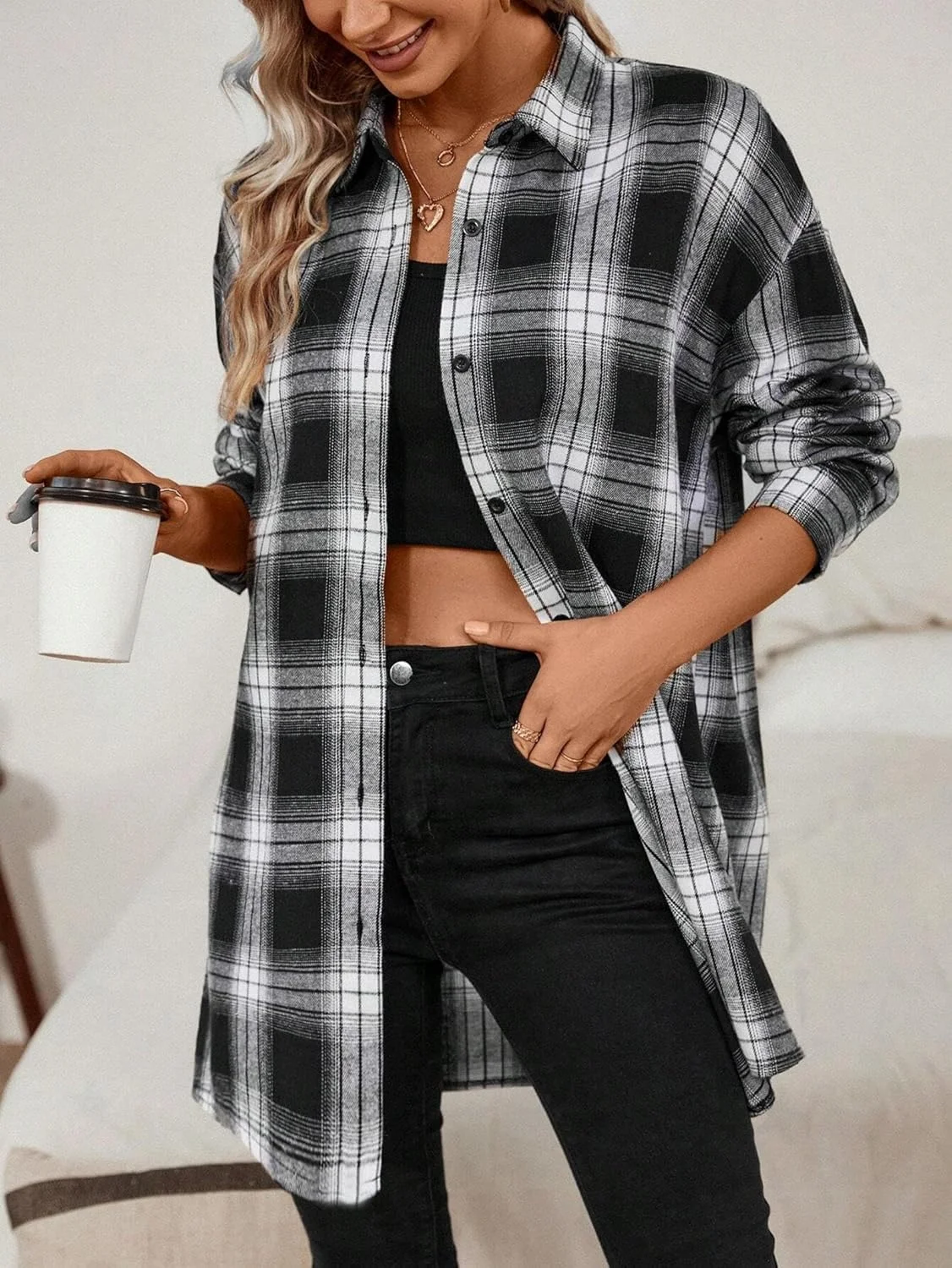 Jhsnjnr بلوز چهارخانه آستین بلند زنانه، دکمه دار، مدل بزرگ، پیراهن های فلانل چهارخانه بلند