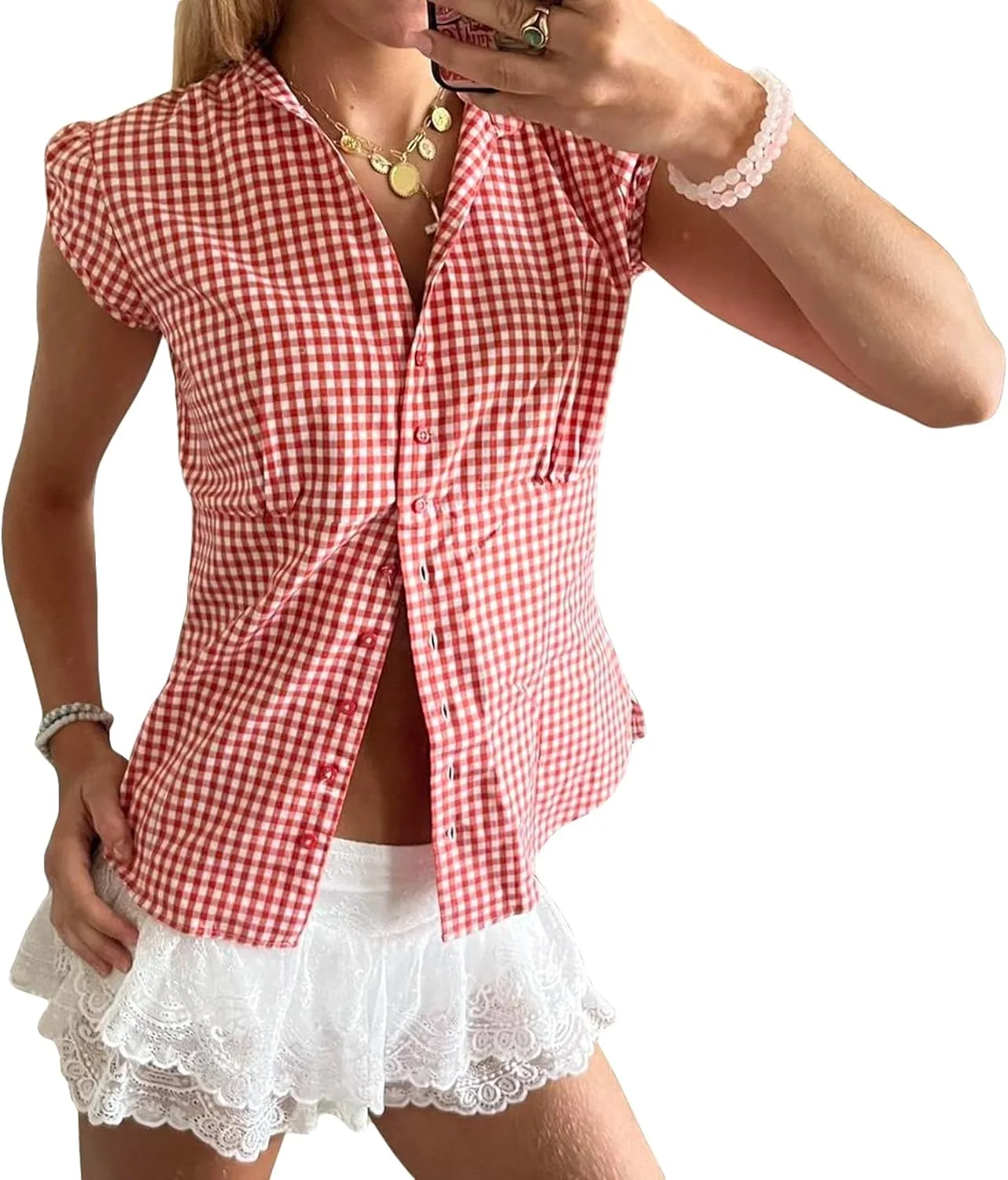 پیراهن های چهارخانه دکمه دار زنانه JeuaPho، آستین کوتاه، یقه هفت، مدل جذب، مناسب استایل Y2k و استریت ویر دخترانه
