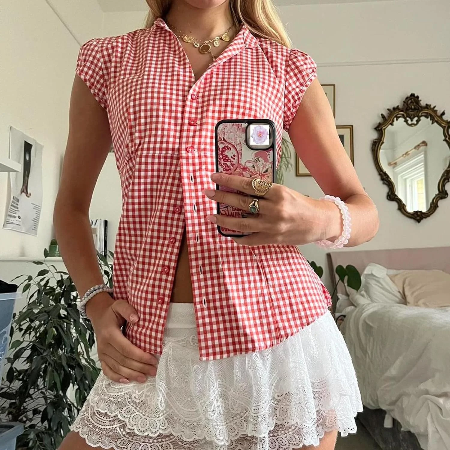 پیراهن های چهارخانه دکمه دار زنانه JeuaPho، آستین کوتاه، یقه هفت، مدل جذب، مناسب استایل Y2k و استریت ویر دخترانه