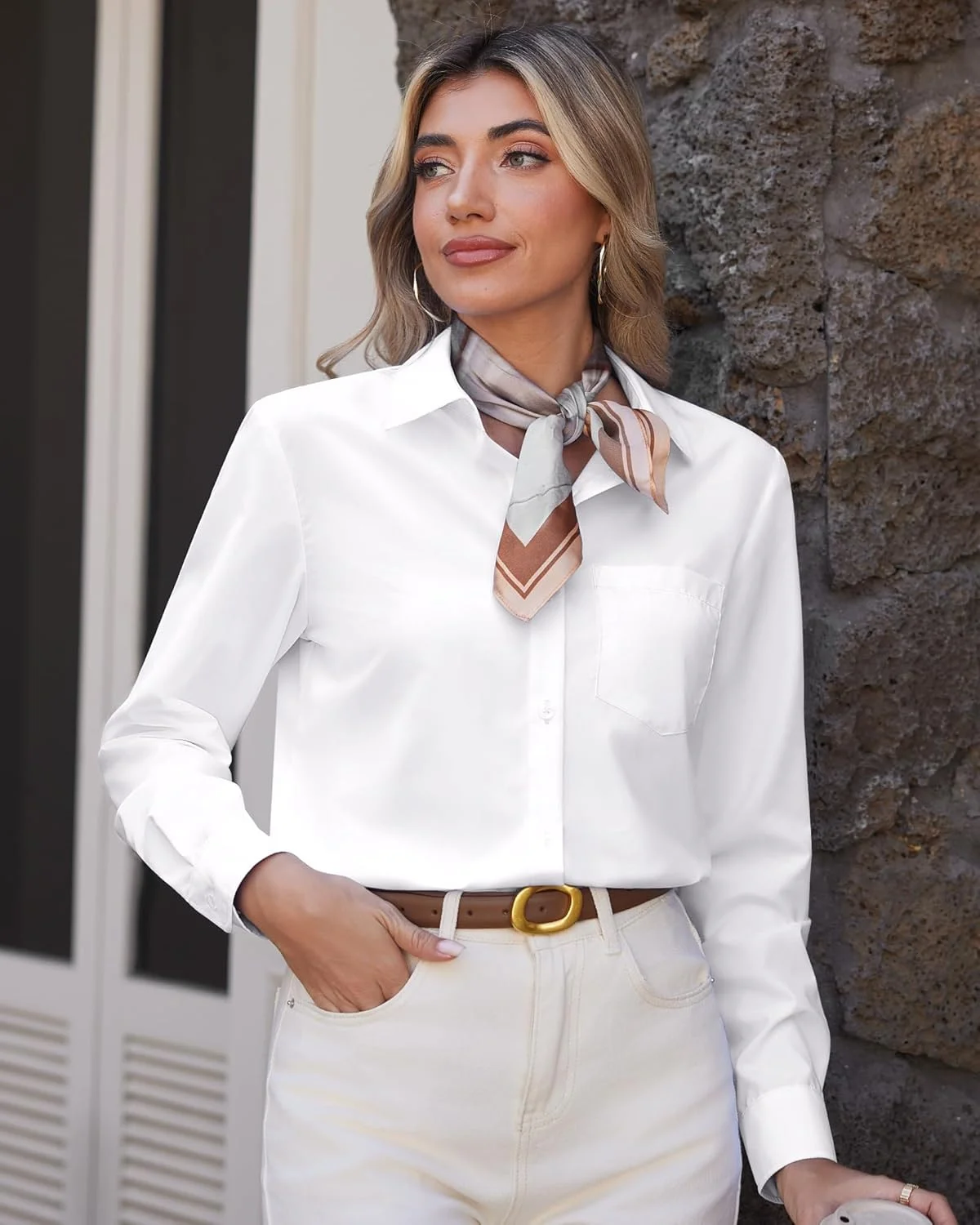 پیراهن دکمه دار زنانه J.VER آستین بلند، بدون چروک، رسمی، یقه دار، بلوز اداری غیر رسمی با جیب