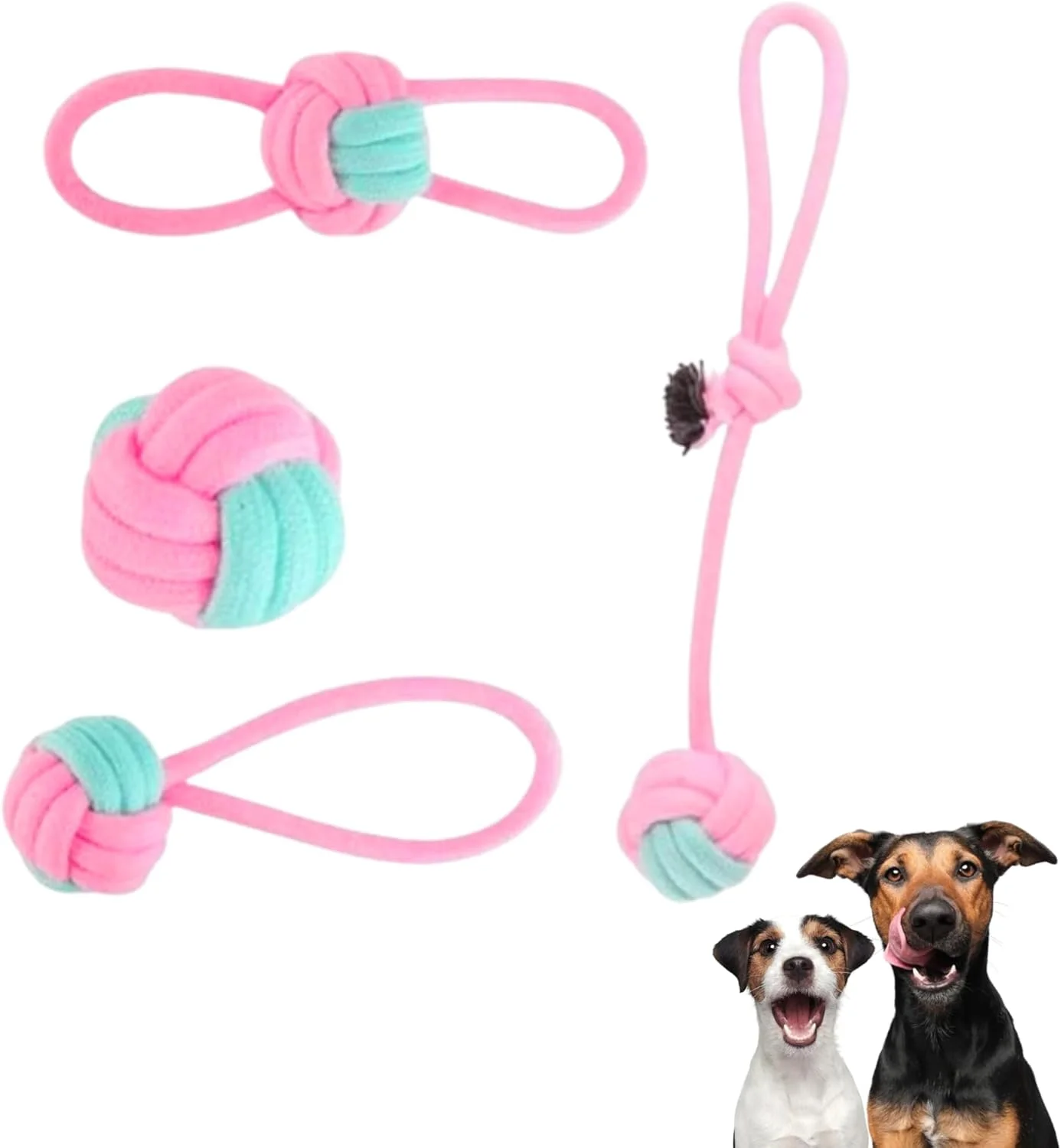 مجموعه 4 عددی اسباب بازی طناب و توپ جویدنی سگ پتساری - طناب پنبه ای گره دار برای کشیدن - اسباب بازی تعاملی دندانی گاز گرفتنی - دندان گیر نرم و ضد گاز - اسباب بازی سنگ زنی بادوام و تخریب ناپذیر (صورتی و آبی)