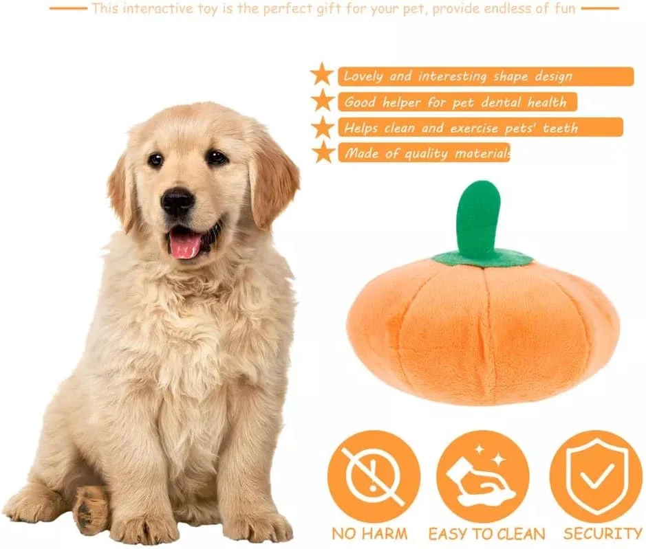 اسباب بازی سگ مخملی جیر جیر کننده طرح کدو تنبل پتساری - اسباب بازی جویدنی تعاملی بامزه طرح کدو تنبل - اسباب بازی سگ پر شده با طرح میوه و سبزیجات - آموزش صدای گاز گرفتن نرم - مناسب برای دندان های سگ های کوچک، متوسط ​​و بزرگ (10x6 سانتی متر)