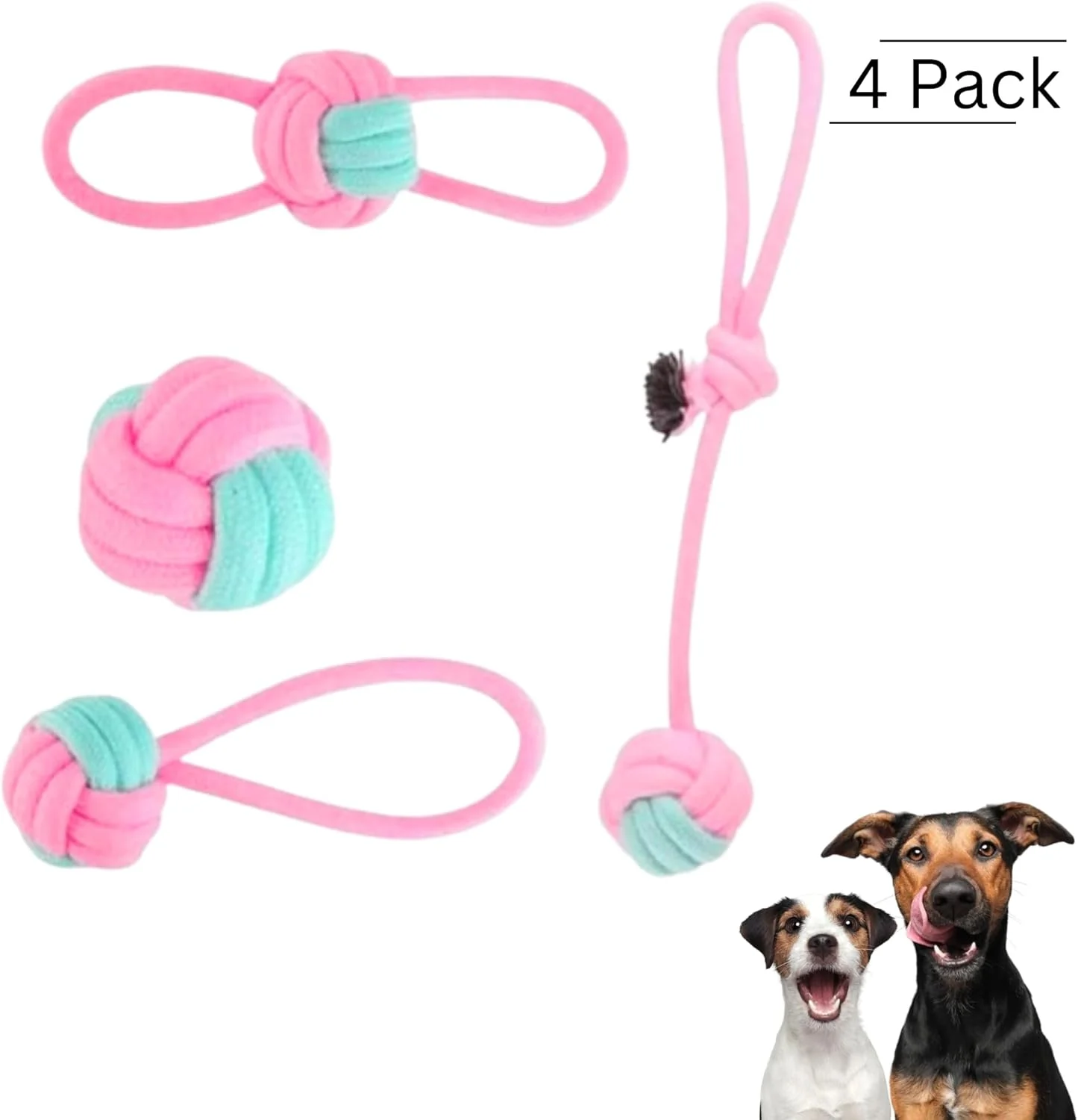 مجموعه 4 عددی اسباب بازی طناب و توپ جویدنی سگ پتساری - طناب پنبه ای گره دار برای کشیدن - اسباب بازی تعاملی دندانی گاز گرفتنی - دندان گیر نرم و ضد گاز - اسباب بازی سنگ زنی بادوام و تخریب ناپذیر (صورتی و آبی)