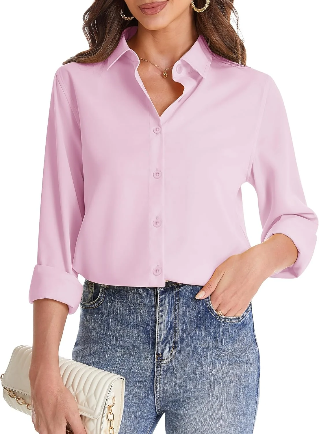 J.VER پیراهن دکمه دار زنانه آستین بلند، بلوز شیفون مناسب کار، اداره، مد روز، پایه ای، رسمی و تجاری