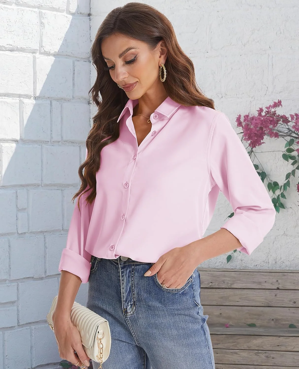 J.VER پیراهن دکمه دار زنانه آستین بلند، بلوز شیفون مناسب کار، اداره، مد روز، پایه ای، رسمی و تجاری