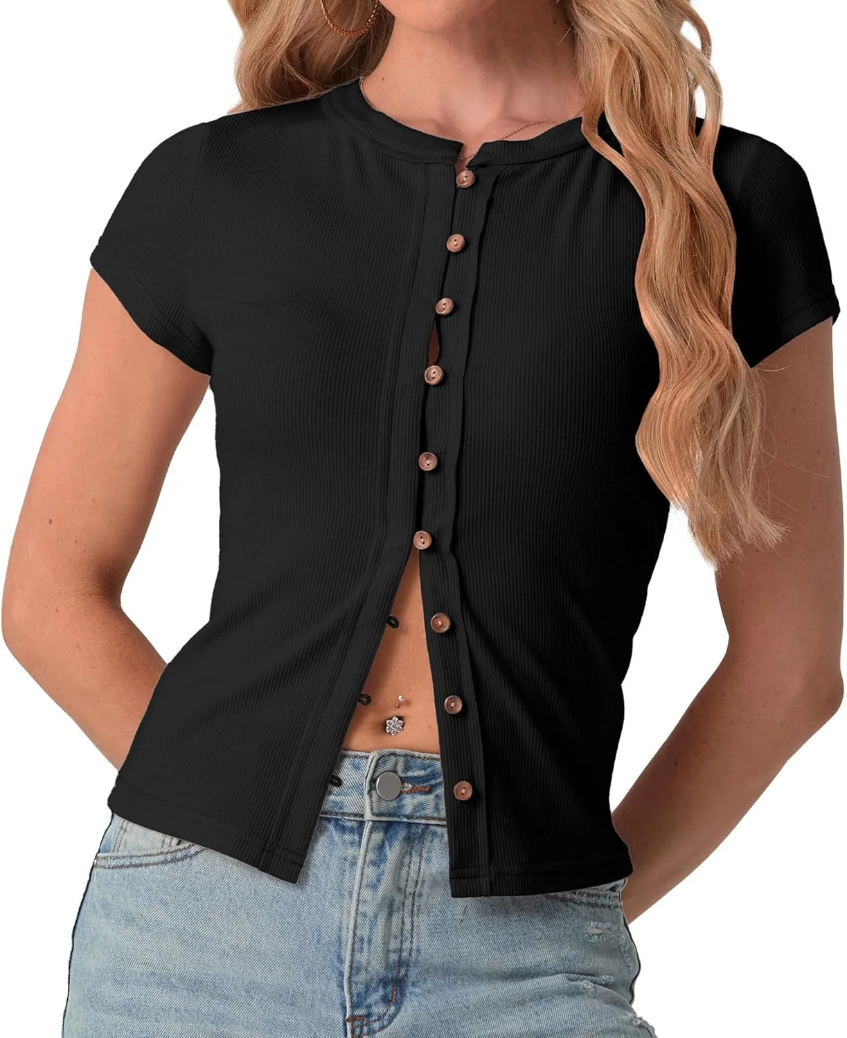IWOLLENCE تاپ زنانه آستین کوتاه بافتنی دکمه دار یقه گرد مدل Slim Fit Y2K