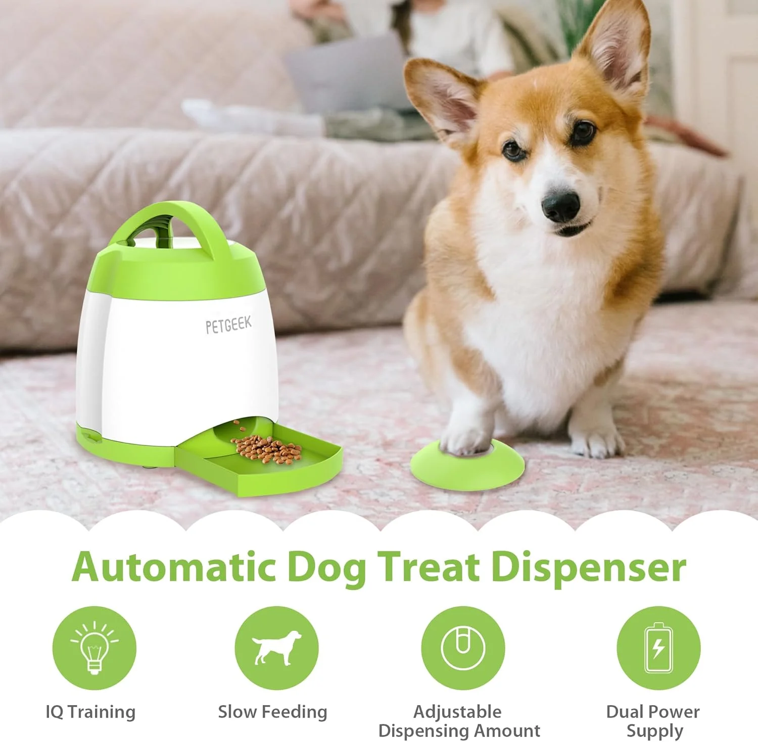 اسباب بازی غذاده اتوماتیک سگ پت گیک، اسباب بازی پازلی تعاملی سگ، پخش کننده خوراکی، دستگاه پخش کننده غذای سگ الکترونیکی کنترل از راه دور، اسباب بازی حیوانات خانگی با مواد ABS ایمن برای همه نژادهای سگ، رنگ سبز