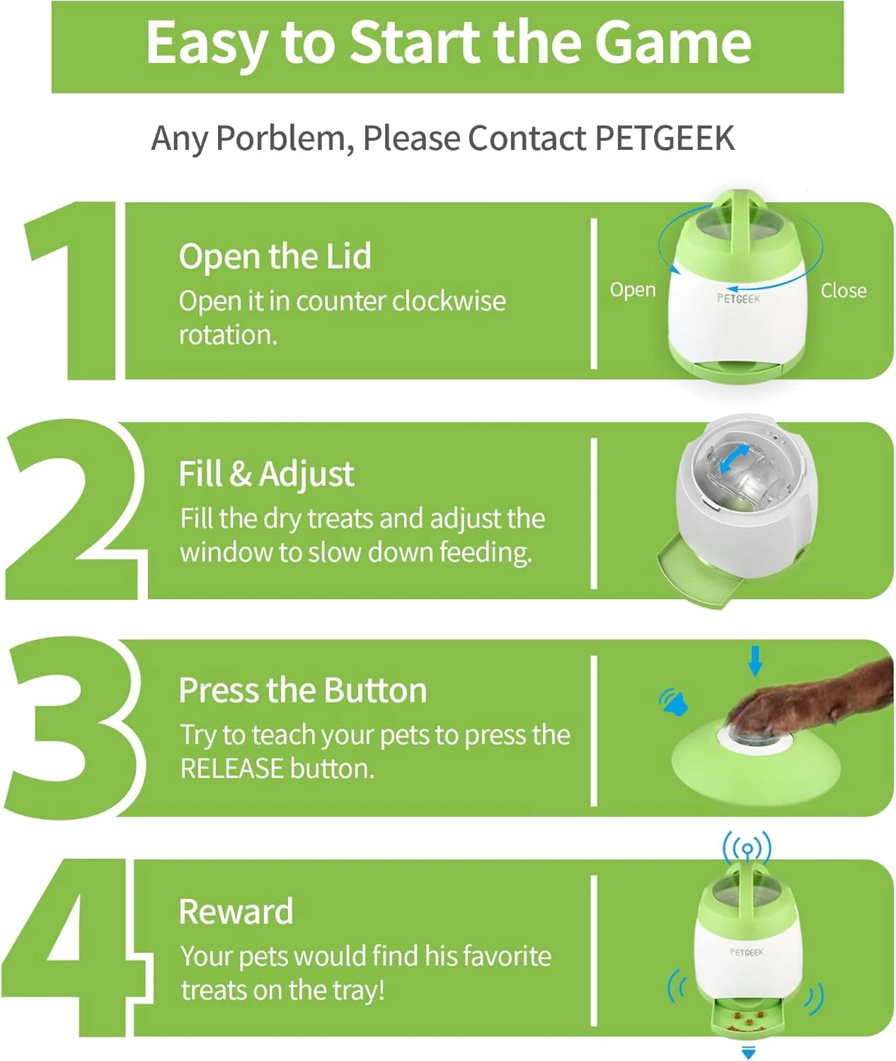 اسباب بازی غذاده اتوماتیک سگ پت گیک، اسباب بازی پازلی تعاملی سگ، پخش کننده خوراکی، دستگاه پخش کننده غذای سگ الکترونیکی کنترل از راه دور، اسباب بازی حیوانات خانگی با مواد ABS ایمن برای همه نژادهای سگ، رنگ سبز