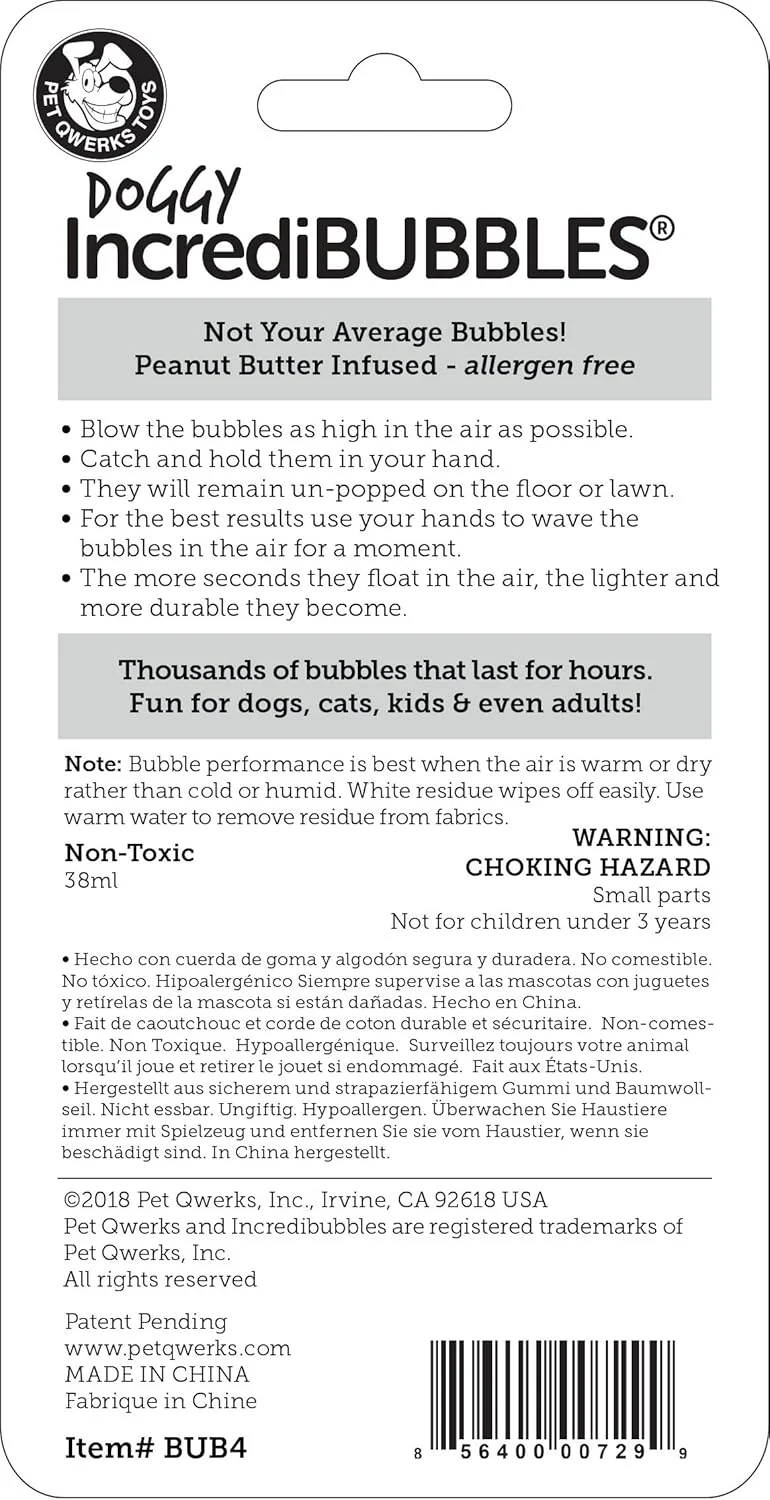اسباب بازی تعاملی حباب های باورنکردنی پت کوئرکس - حباب های خوراکی با ماندگاری طولانی برای سگ ها و گربه ها - طعم کره بادام زمینی - 38 میلی لیتر، مناسب برای تمامی نژادها