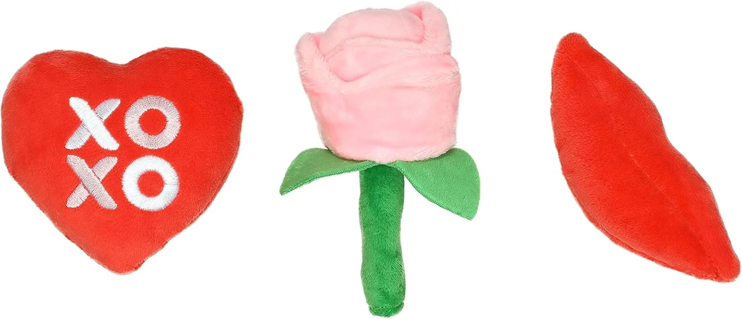 اسباب بازی های سگ ولنتاین Pearhead، اسباب بازی های حیوانات خانگی روز ولنتاین، اسباب بازی های قلب، گل و بوسه، اسباب بازی های مخمل خواب دار حیوانات خانگی با صدای جیر جیر، هدایای صاحب حیوان خانگی، مجموعه 3 عددی