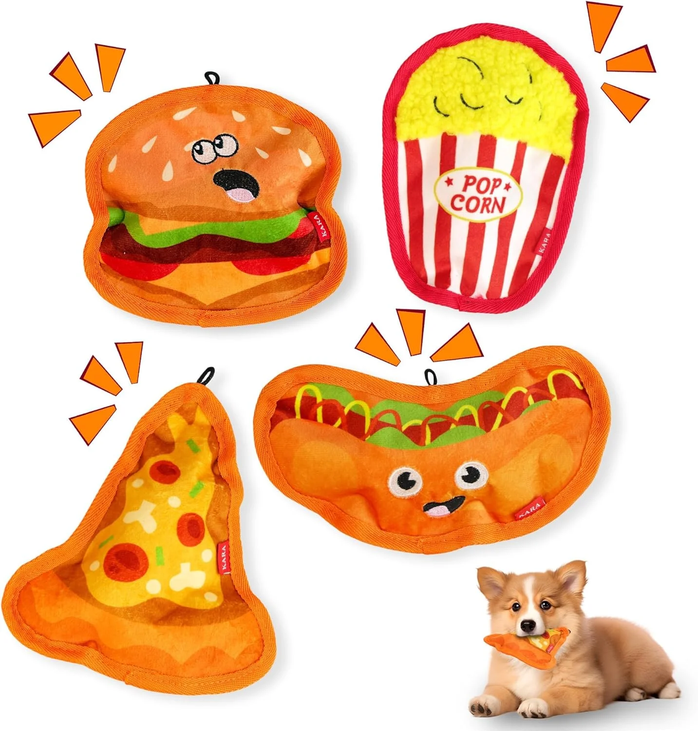 بسته 4 عددی اسباب بازی سگ بدون الیاف و صدا دار - اسباب بازی های جویدنی پولیشی چروک برای سگ های کوچک، متوسط و بزرگ - اسباب بازی های تعاملی به شکل غذا با صدای جیر جیر برای رفع بی حوصلگی، دندان درآوردن و آموزش