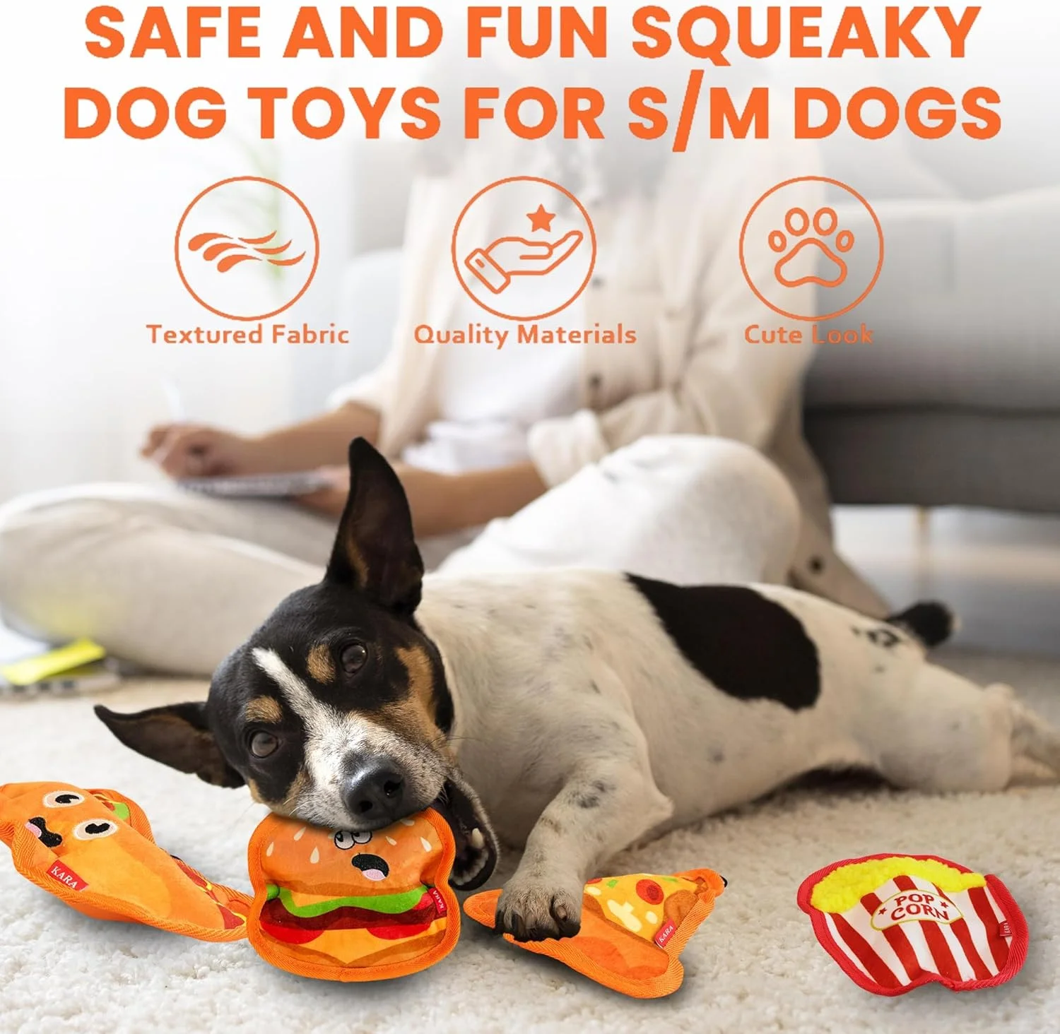 بسته 4 عددی اسباب بازی سگ بدون الیاف و صدا دار - اسباب بازی های جویدنی پولیشی چروک برای سگ های کوچک، متوسط و بزرگ - اسباب بازی های تعاملی به شکل غذا با صدای جیر جیر برای رفع بی حوصلگی، دندان درآوردن و آموزش