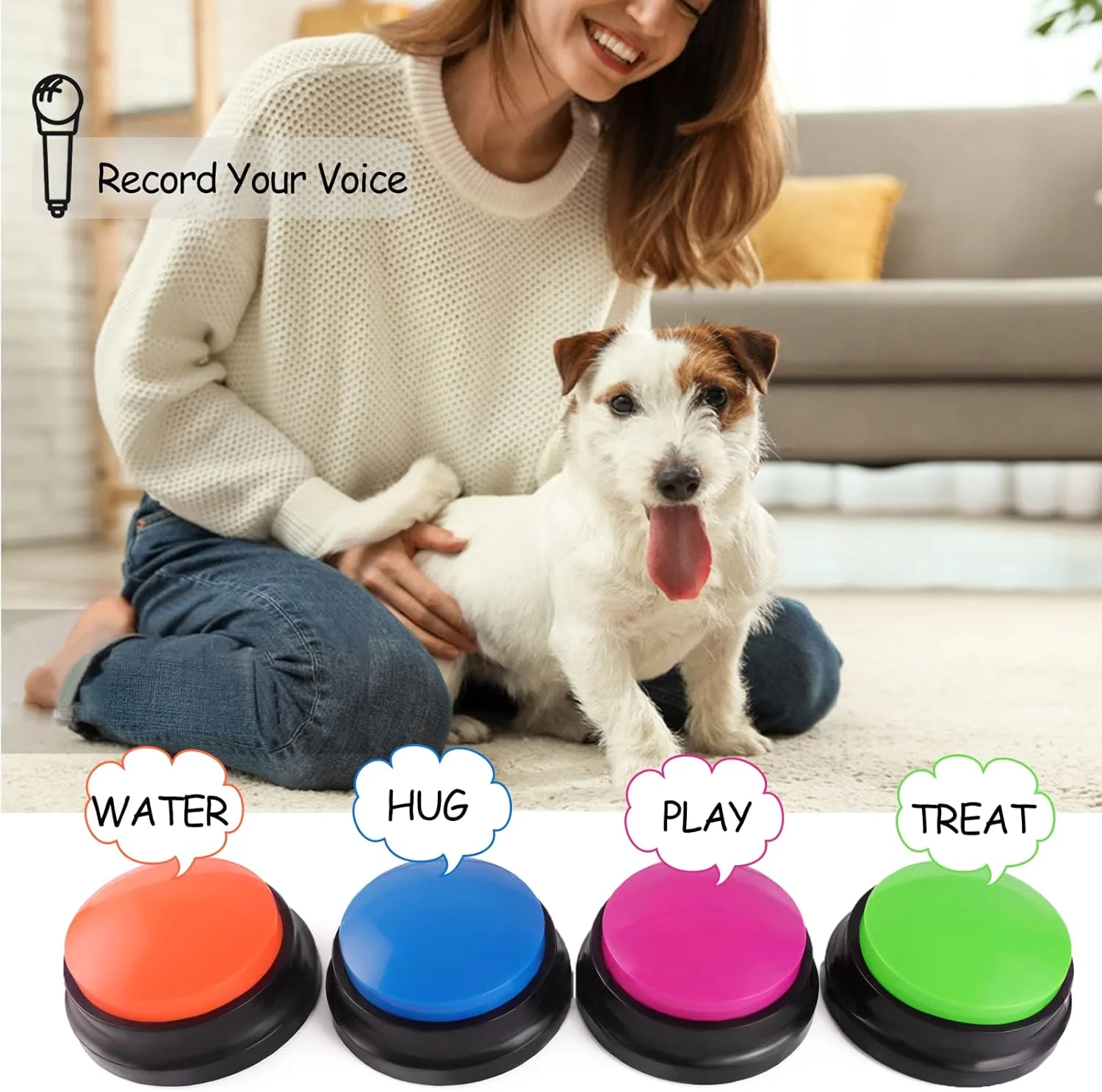 دکمه ضبط صدا OFVENS، دکمه های سگ برای ارتباط با حیوانات خانگی، ضبط و پخش 30 ثانیه ای، هدیه خنده دار برای دفتر کار و خانه (4 عدد)
