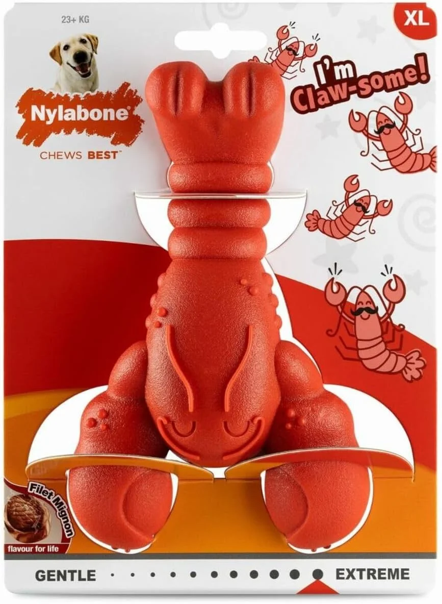 اسباب بازی جویدنی نایلونی سخت Nylabone مدل لابستر، بادوام، ضد خستگی، تمیز کننده دندان، طعم فیله مینیون، خیلی بزرگ، برای سگ های 0 تا 23+ کیلوگرم