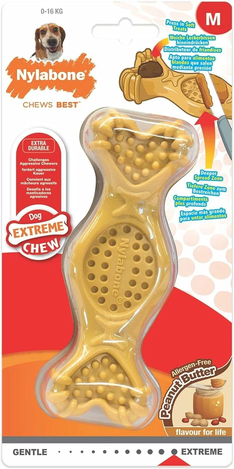 استخوان جویدنی سخت نایلابون اکستریم، مناسب برای پر کردن با تشویقی های مورد علاقه، طعم کره بادام زمینی، سایز M، برای سگ های تا 16 کیلوگرم