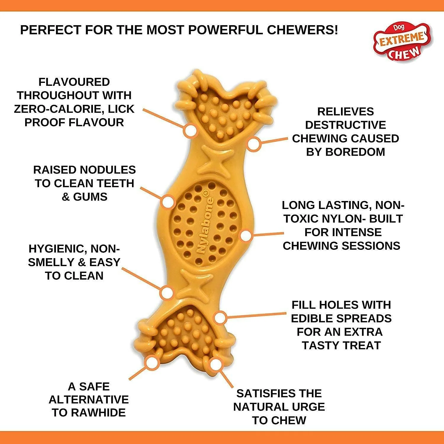 استخوان جویدنی سخت نایلابون اکستریم، مناسب برای پر کردن با تشویقی های مورد علاقه، طعم کره بادام زمینی، سایز M، برای سگ های تا 16 کیلوگرم