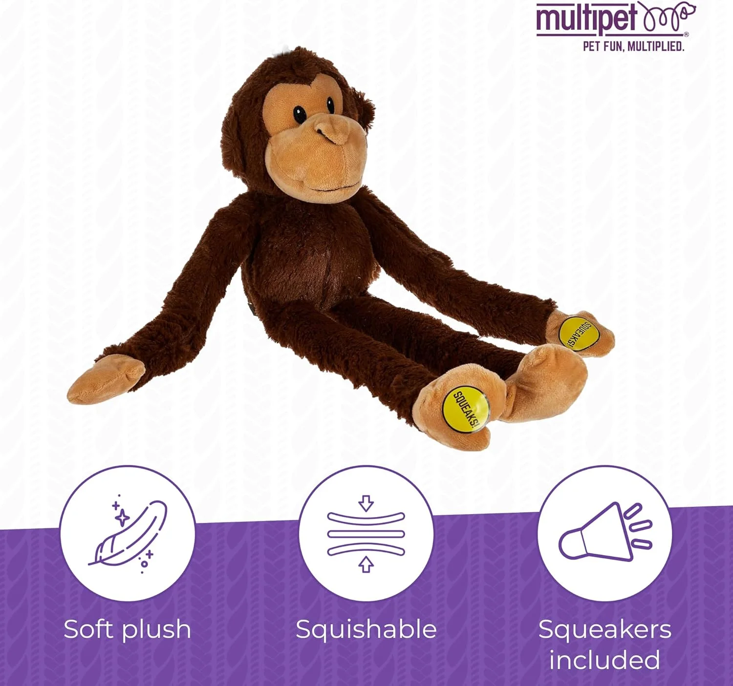 اسباب بازی سگ پولیشی بزرگ میمون سافاری متحرک MULTIPET با دست و پاهای خیلی بلند و صدای جیر جیر، قهوه ای، 22 اینچ