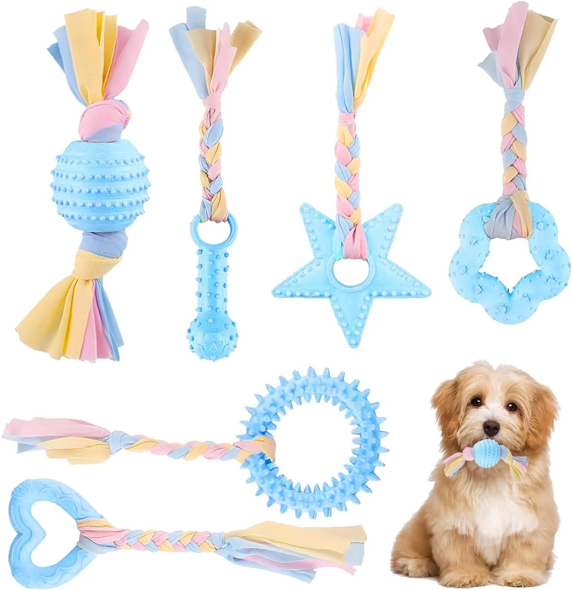 مجموعه 6 عددی اسباب بازی جویدنی سگ Muamos، تمیز کننده دندان توله سگ برای سگ های کوچک تا متوسط، مجموعه هدیه اسباب بازی آموزشی تعاملی سگ توپ های طناب پنبه ای لاستیکی طبیعی بادوام برای محافظت از سلامت دهان - آبی