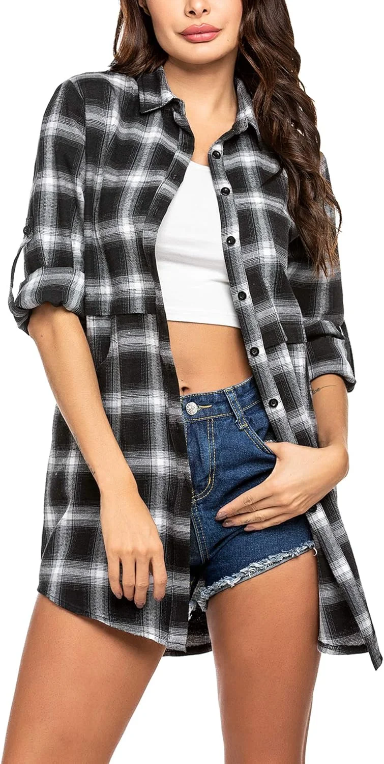 هات تاچ بلوز زنانه پیراهن چهارخانه ژاکت پیراهن آستین بلند پیراهن چهارخانه غیر رسمی پیراهن اوکتبرفست تاپ تونیک چهارخانه تاپ یقه هفت دکمه دار S-XXL