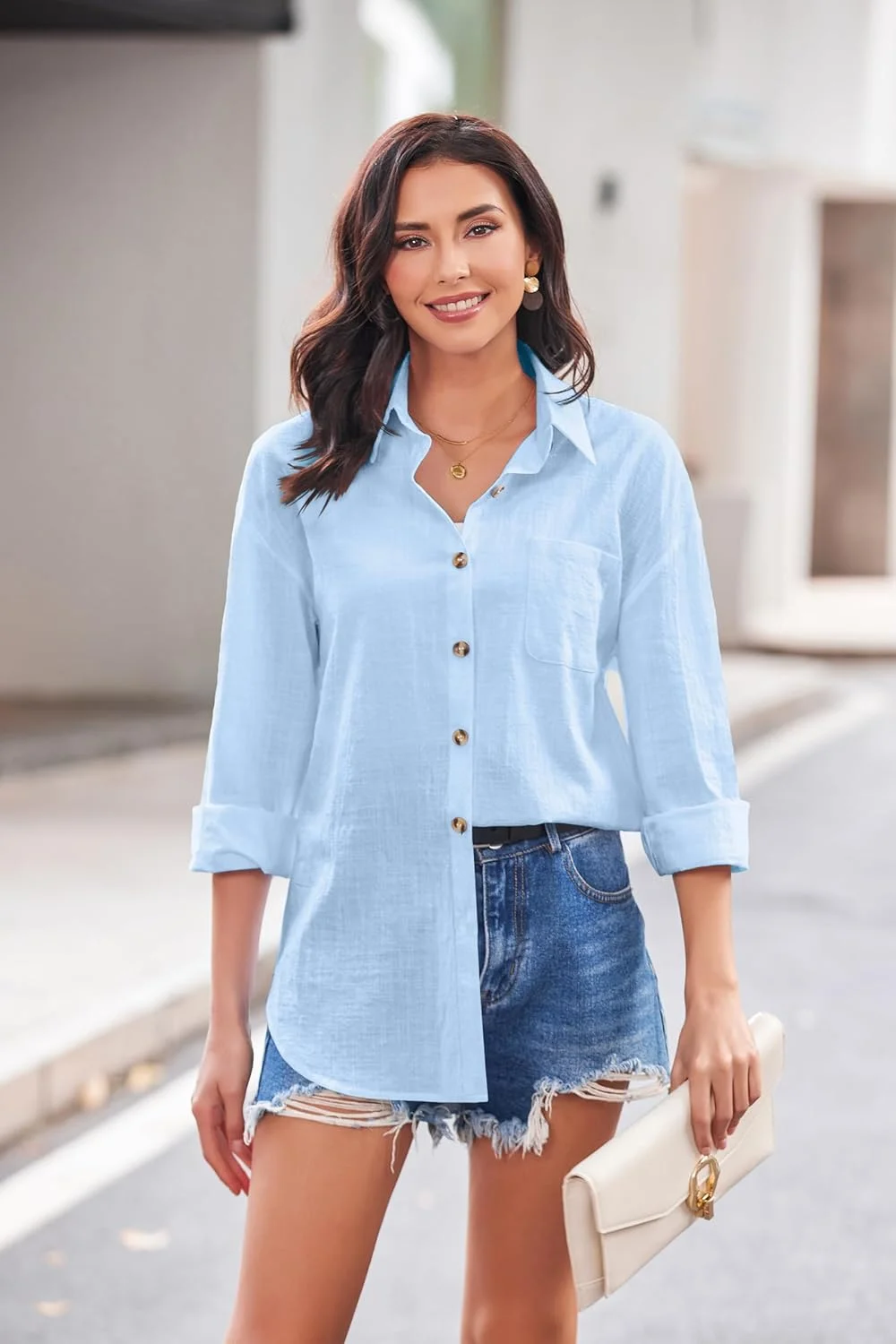 هات تاچ بلوز زنانه آستین بلند نخی، پیراهن شیک و دکمه دار یقه هفت مناسب کار، سایز S-XXL