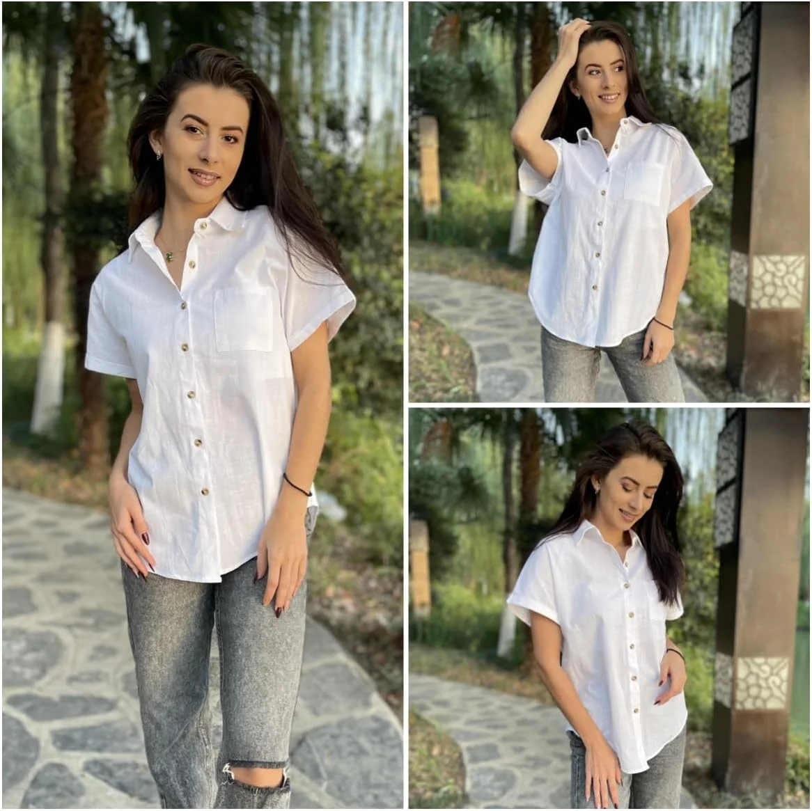 HOTOUCH پیراهن زنانه دکمه دار نخی آستین کوتاه، بلوز یقه هفت، تاپ های غیر رسمی رنگ ثابت سایز S-3XL