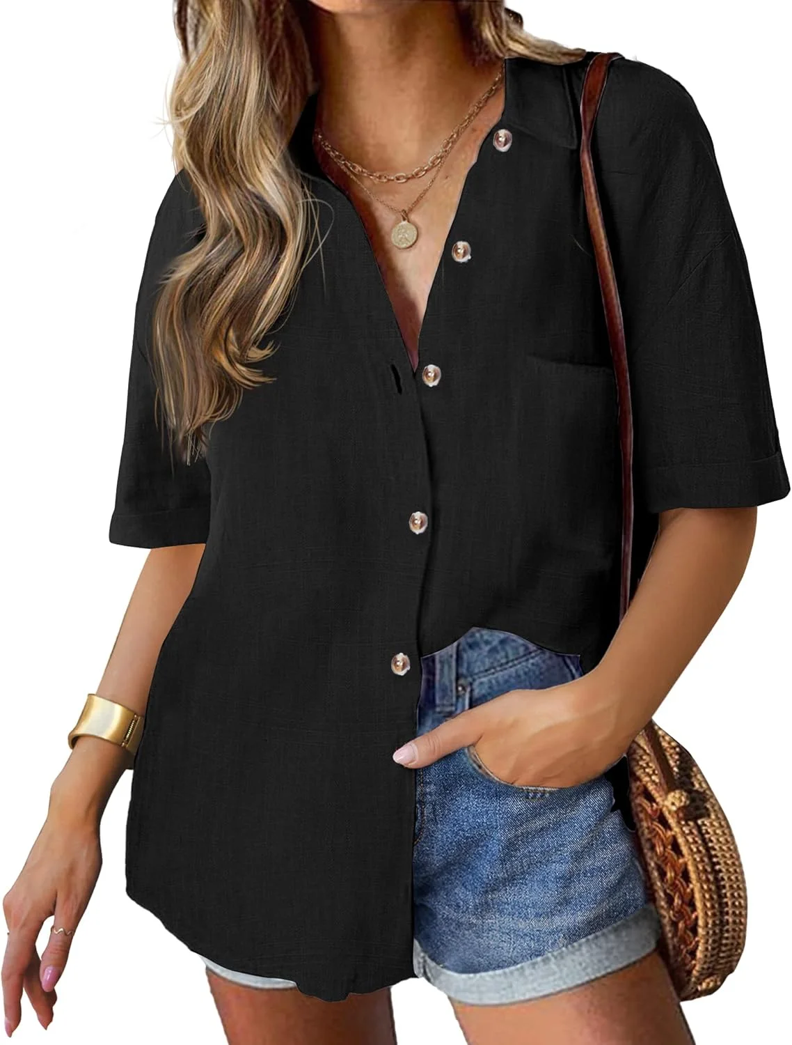 Hotouch Blouse Women's Elegant Short Sleeve Shirt Casual V-Neck Shirt Blouse Buttons Shirt Cotton Loose Tops with Pocket S-XXL