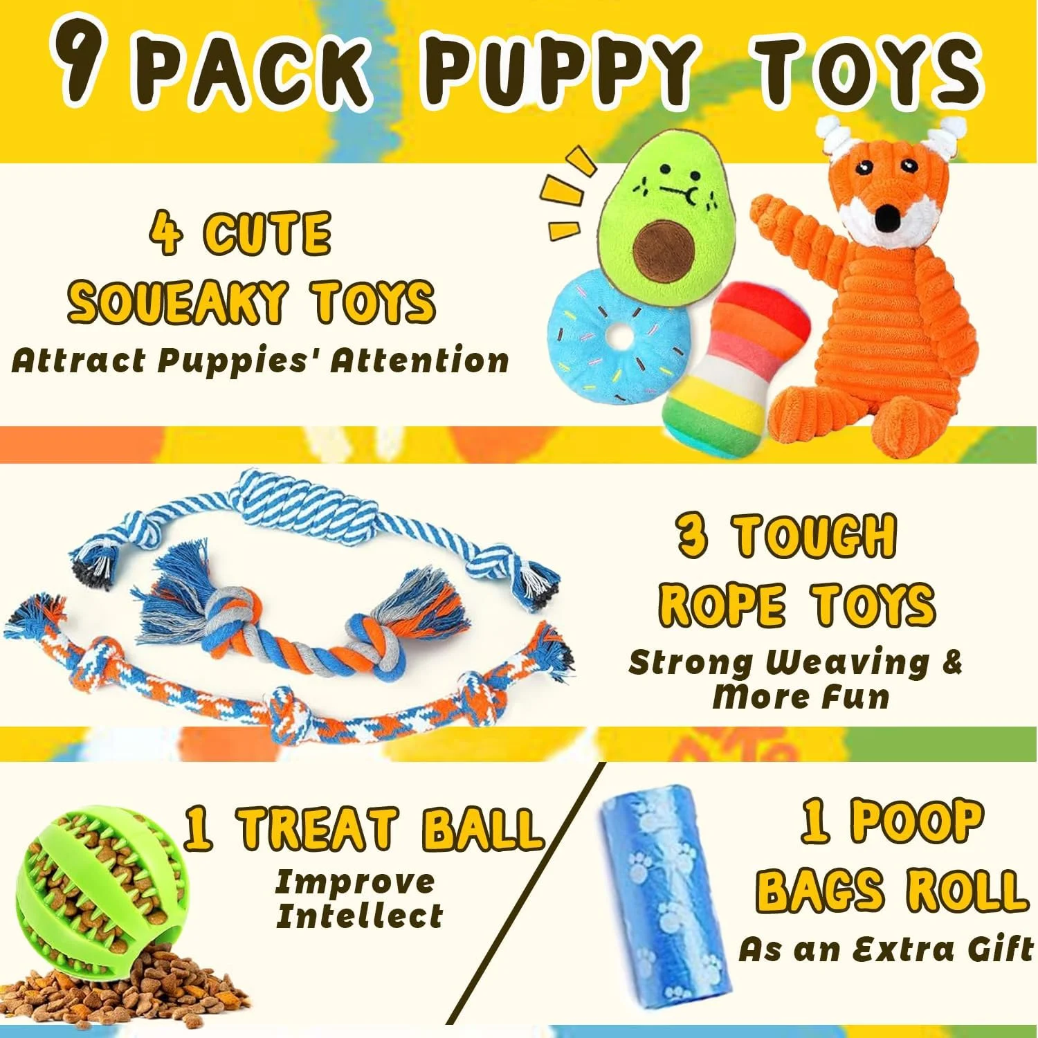 Masroo 9 Pack Luxury Puppy Toys for Teething Small Dogs, Puppy Chew Toys with Cute Squeaky Dog Toys, Ball and More Rope Dog Chew Toys