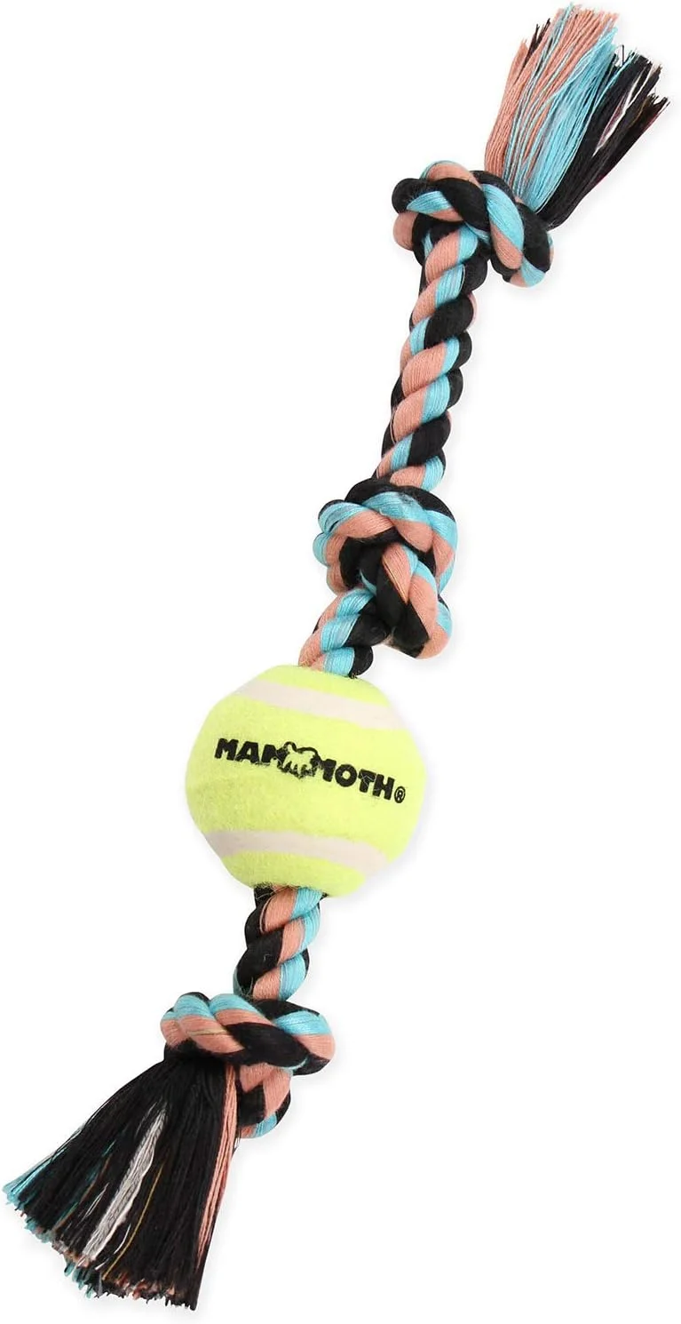 Mammoth Pet Products Flossy Chews Color 3 Knot Tug w/Mini Tennis Ball – Premium Cotton-Poly Tug Toy for Dogs – Interactive – Rope Dog Toy for Small Dogs - Mini 11”