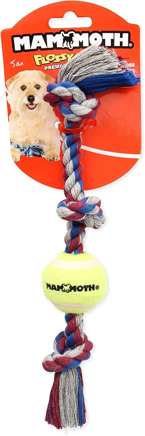 Mammoth Pet Products Flossy Chews Color 3 Knot Tug w/Mini Tennis Ball – Premium Cotton-Poly Tug Toy for Dogs – Interactive – Rope Dog Toy for Small Dogs - Mini 11”