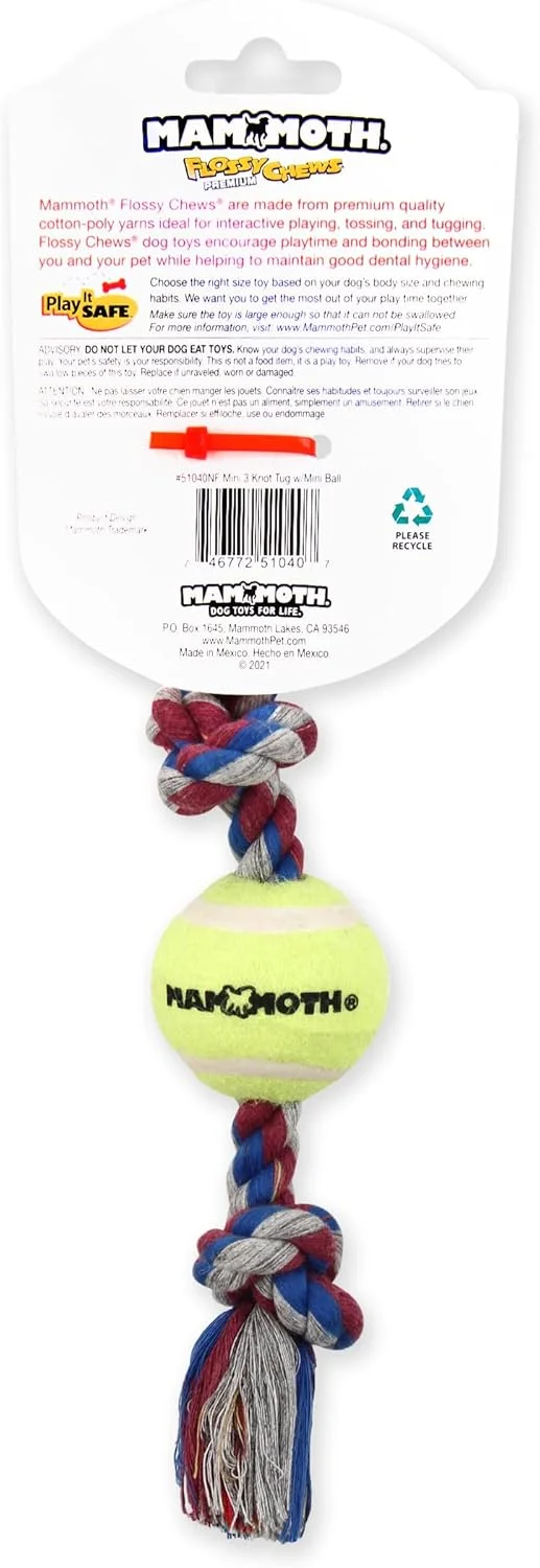 Mammoth Pet Products Flossy Chews Color 3 Knot Tug w/Mini Tennis Ball – Premium Cotton-Poly Tug Toy for Dogs – Interactive – Rope Dog Toy for Small Dogs - Mini 11”