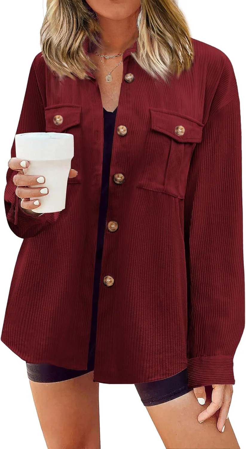 Hotouch Women's Blouse V-Neck Shirt Boyfriend Corduroy Shirts Elegant Tops Shirt Jacket Casual Corduroy Jacket Button Down Top Long Sleeve Casual Shirt Loose Shirt Blouse with Pocket S-XXL