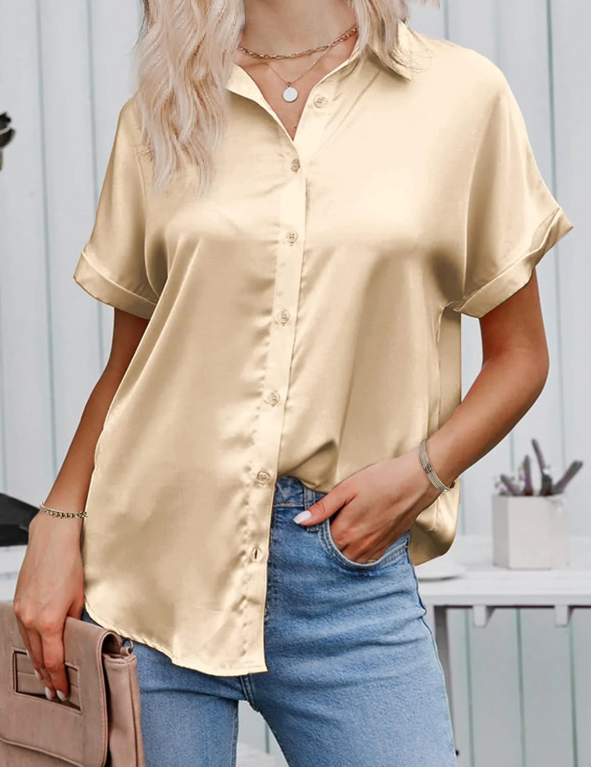 Hotouch Satin Silk Women Button Down Shirt Long Sleeve V Neck Casual Loose Work Office Blouse Tunic Tops, Z-khaki, L
