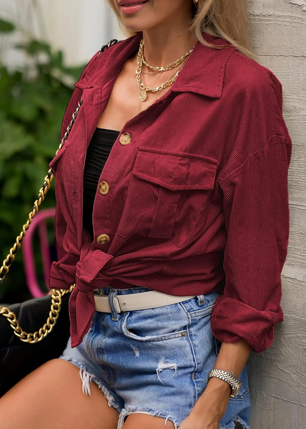 Hotouch Women's Blouse V-Neck Shirt Boyfriend Corduroy Shirts Elegant Tops Shirt Jacket Casual Corduroy Jacket Button Down Top Long Sleeve Casual Shirt Loose Shirt Blouse with Pocket S-XXL