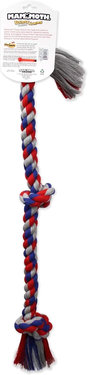 Mammoth Pet Products Flossy Chews Assorted Color Rope, Premium Cotton-Poly 3 Knot Tug Dog, X-Large