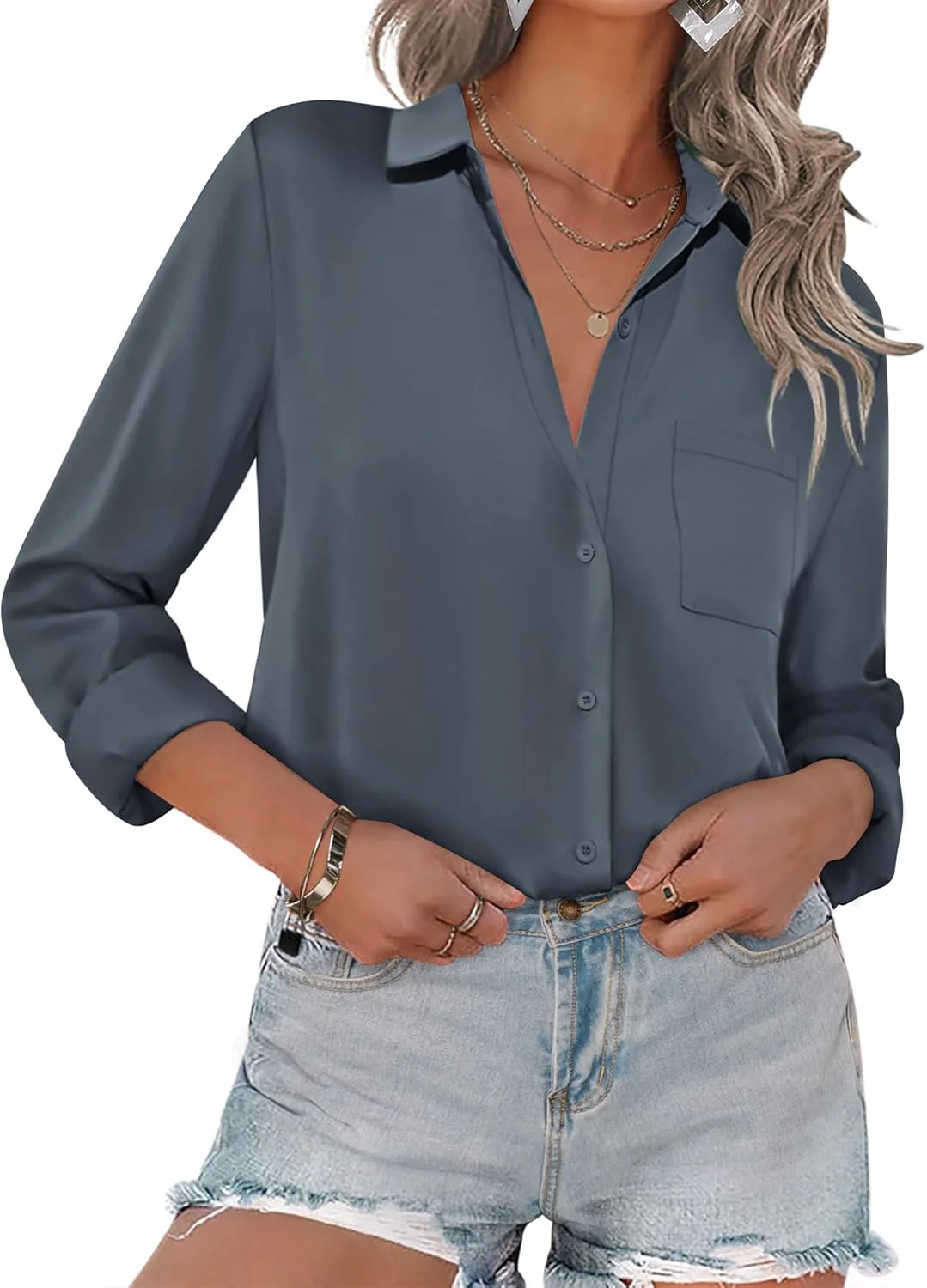 Hotouch Women Button Down Shirts with Pockets Long Sleeve Office Blouses Casual Business Tops Slim Fit Chiffon Shirts S-XXL