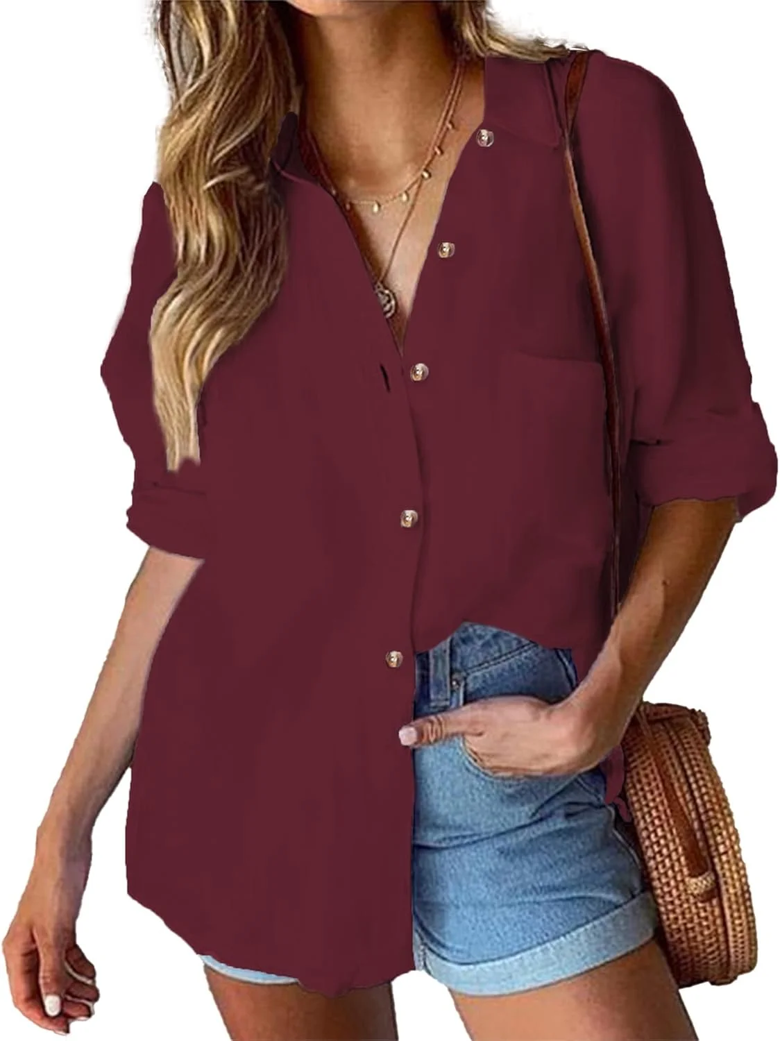 هات‌تاچ بلوز زنانه آستین بلند غیر رسمی، بلوز نخی، بلوز ظریف یقه هفت دکمه‌دار، تاپ‌های ساده و پایه مناسب کار سایز S-XXL