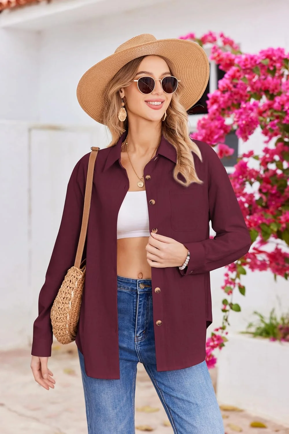 هات‌تاچ بلوز زنانه آستین بلند غیر رسمی، بلوز نخی، بلوز ظریف یقه هفت دکمه‌دار، تاپ‌های ساده و پایه مناسب کار سایز S-XXL